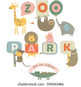 Vector illustration of zoo animals in cartoon style.