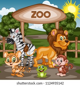 
Vector Illustration of a Zoo Entrance Gates with Animals. Cartoon Poster Wildlife Landscape Scene with Lion, Zebra, Monkey, Frog and Tiger Cub