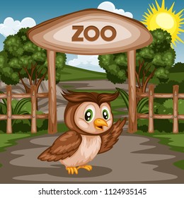 
Vector Illustration of a Zoo Entrance Gates with Animals. Cartoon Poster Wildlife Landscape Scene with Cute Wise Owl