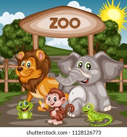 
Vector Illustration of a Zoo Entrance Gates with Animals. Cartoon Poster Wildlife Landscape Scene with Lion, Elephant, Monkey, Iguana, Grog and Monkey