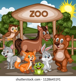 
Vector Illustration of a Zoo Entrance Gates with Animals. Cartoon Poster Wildlife Landscape Scene with Owl, Wolf, Horse, Bear, Fox, Rabbit and Frog