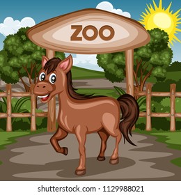 
Vector Illustration of a Zoo Entrance Gates with Animals. Cartoon Poster Wildlife Landscape Scene with a Happy Horse
