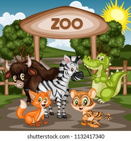 
Vector Illustration of a Zoo Entrance Gates with Animals. Cartoon Poster Wildlife Landscape Scene with Yak, Zebra, Alligator, Tiger Cub and  Fox 