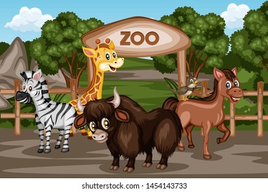 Vector Illustration of a Zoo Entrance Gates with Happy Animals. Cartoon Poster Wildlife Landscape Scene with 