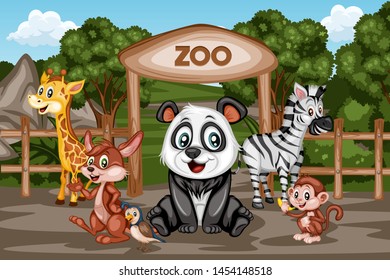 Vector Illustration of a Zoo Entrance Gates with Happy Animals. Cartoon Poster Wildlife Landscape Scene with 