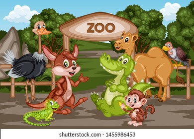 Vector Illustration of a Zoo Entrance Gates with Happy Animals. Cartoon Poster Wildlife Landscape Scene with Alligator, Camel, Kangaroo, Monkey, Ostrich, Iguana