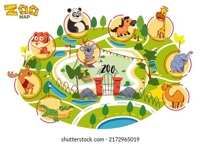 A vector illustration of Zoo Map Cute Cartoon Animals