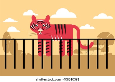 vector illustration of the zoo tiger in a cage