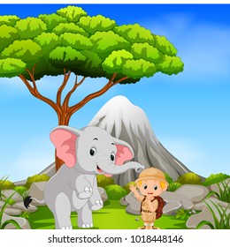 vector illustration of Zookeeper and elephant posing with mountain scene