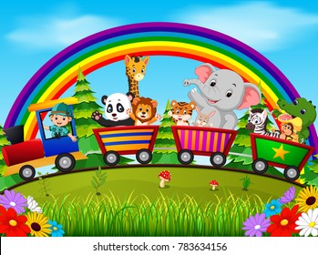 Vector illustration of zookeeper and wild animals on the train with rainbow