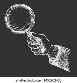 Vector illustration of zoom tool for observing research analysis small objects. Man male hand holding old magnifying glass. On black board chalk hand drawing