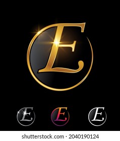 A Vector Illustration zset of Golden Circle Letter E in black background with gold shine sparkling effect