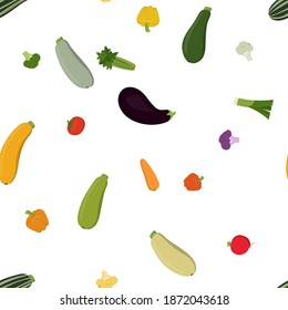 Vector illustration zucchini, eggplant, celery, pepper, tomato, broccoli, cauliflower, onion carrot Seamless pattern background with farm vegetables
