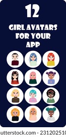 Vector illustration.12 girls avatars for your application. Huge set of girls. Anime style.