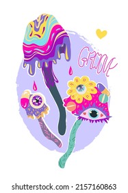 Vector illustration.1970 style, Groovy. Neon colors, psychedelic mushrooms. Postcards, stickers, posters. Cartoon style