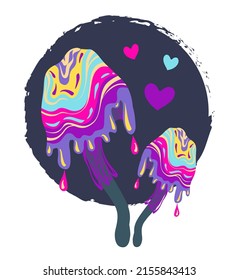 Vector illustration.1970 style. Psychedelic mushrooms, neon colors. Postcards, stickers, posters. Cartoon style