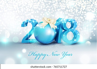 Vector illustration.3d blue number 2018 with a reflection,against the background of snowflakes and blurring. A holiday template  for elegant design of postcard, flyer, congratulatory brochure 