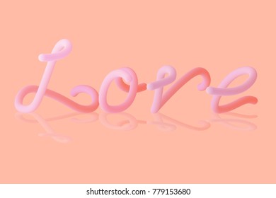 Vector illustration.3D Liquid Love text on pink pastel background.