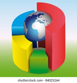 Vector Illustration3D pie chart with a globe on a white background
