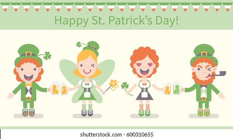 Vector illustration:4 flat design icons for Saint Patrick's Day. Leprechaun character with different age, green hat and blonde fairy with wings and ginger girl in national irish costume with beer mugs