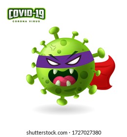 vector illustration_cute covid19_ super villain of corona virus ready to attack_green_in isolated background