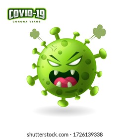 vector illustration_cute covid19_corona virus is very angry and ready to attack_green_in isolated background