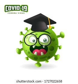 vector illustration_cute covid19_corona virus wearing glasses with black hat for graduation ceremony_green_in isolated background