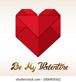 Vector illustration:a card with red origami heart symbol and hand drawn unique typography slogan on for decoration, prints and posters. Design elements isolated on white background for Valentine's day