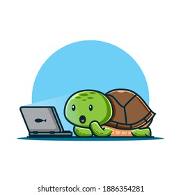 vector illustration.a cute turtle watching a movie on the computer. logos of cartoon types and animal characters.