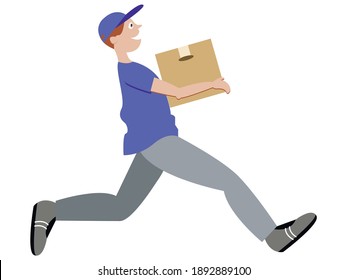 Vector illustration-a delivery man in a blue baseball cap with a large box in his hands running fast isolated. Concept - fast delivery