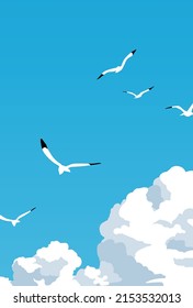 Ilustración vectorial, una bandada de gaviotas volando en el cielo azul