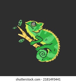 vector illustration.a green chameleon is hunting on a tree branch.nice design for printing t-shirts, stickers, hoodies