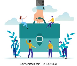 Vector illustration.A large hand carries a briefcase.Office characters in the background.The concept of collaboration, leadership.
