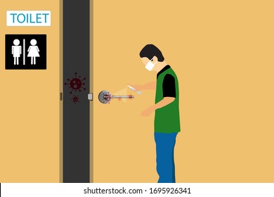 vector illustration,a man using a alcohol spray to kill germs the hand that opens the bathroom door