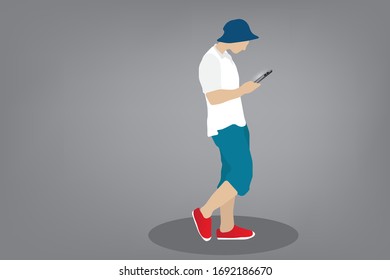vector illustration,a man wearing a hat and was walking while bent watching the mobile phone