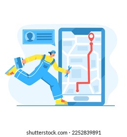 vector illustration.a mechanic can call emergency help on the road,with smartphone technology makes it easy to find a location.flat design concept of service assistance via android application,isolate
