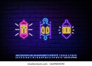 Vector illustration.A neon illustration of Ramadan Kareem. The vector is outlined by a neon composition with glowing lanterns, rays of light and text. Holy month for Muslims against a dark brick wall