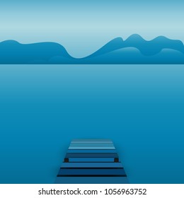 Vector illustration.A pier,ocean and mountains in blue tones.
