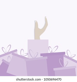 Vector illustration.A pile of presents and in one of them hand present what inside.A lot of purple present boxes.