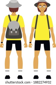 Vector illustration-a traveler in a yellow sports t-shirt and with a backpack close-up isolated. The front and the back.