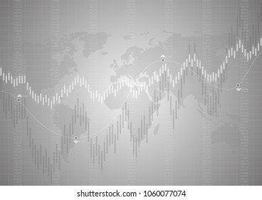 Vector illustration.Abstract financial chart with up trend line graph and world map in stock market on gray color background.