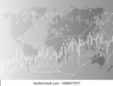 Vector illustration.Abstract financial chart with up trend line graph and world map in stock market on gray color background.