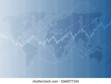 Ilustración vectorial.Gráfico financiero abstracto con gráfico de tendencia ascendente y mapa mundial en el mercado de valores con fondo de color azul.