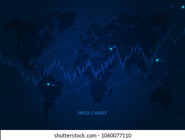 Vector illustration.Abstract financial chart with up trend line graph and world map in stock market on blue color background.