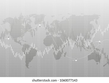 Vector illustration.Abstract financial chart with up trend line graph and world map in stock market on gray color background.