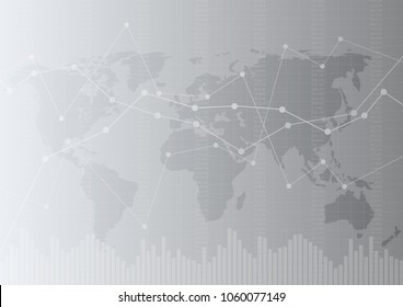 Vector illustration.Abstract financial chart with up trend line graph and world map in stock market on gray color background.