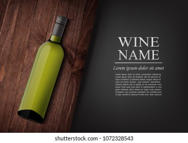 Vector illustration.Advertising banner. A bottle of white wine with black label in photorealistic style on wooden dark board, black background like chalk board, text. Wine presentation brochure.