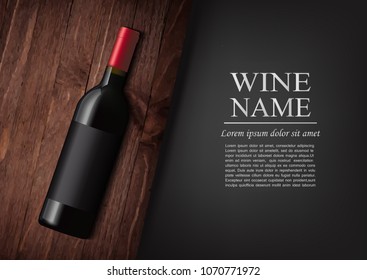 Vector illustration.Advertising banner.A realistic bottle of red wine with black label in photorealistic style on wooden dark board,black background like chalk board,text.Wine presentation brochure.