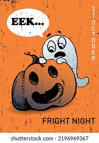 vector illustration,advertising,poster in retro style for Halloween holiday. Frightened ghost and pumpkin for the night of fear on October 31st.