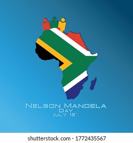 Vector illustration,banner or poster of Nelson Mandela Day. Flag of South Africa in the shape of a African continent. Nelson Mandela Day concept.